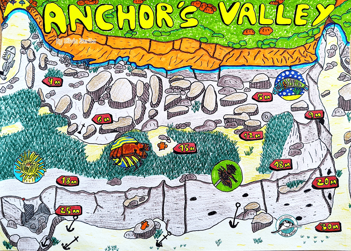 Anchors Valley Dive Site Map at Proti Island