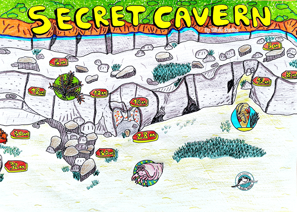 Secret Cavern Dive Site Map at Proti Island, Greece